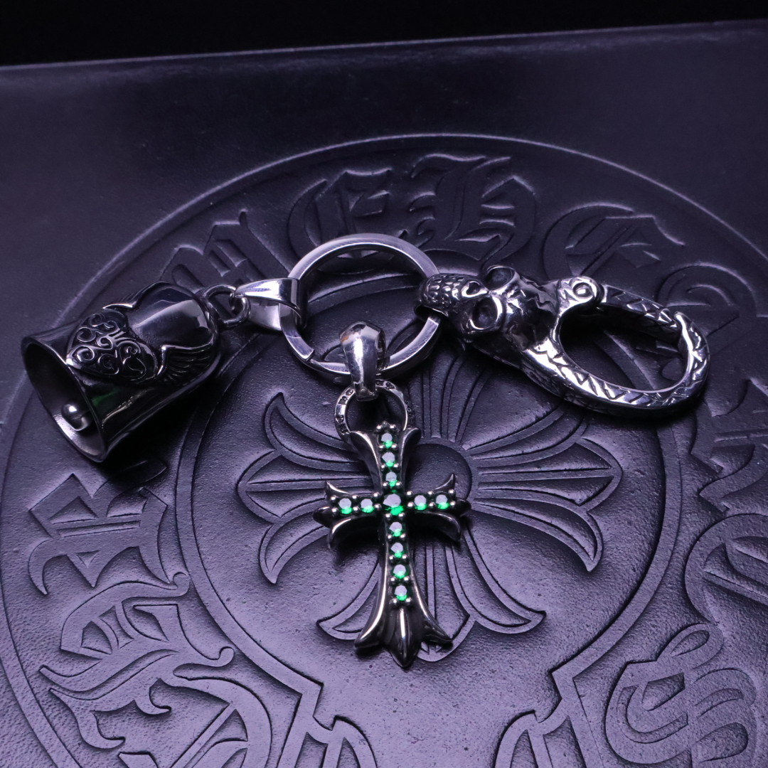 Chrome Hearts 925 Silver Skull - Clasp Bell & Emerald - Inlaid Cross Keychain