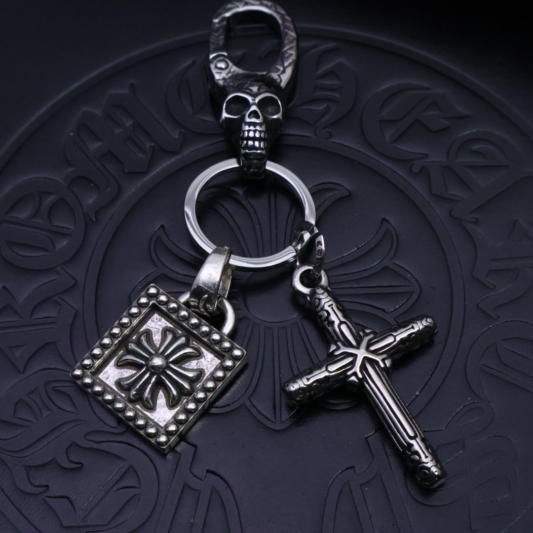 Chrome Hearts 925 Silver Skull - Clasp Square & Engraved Cross Keychain