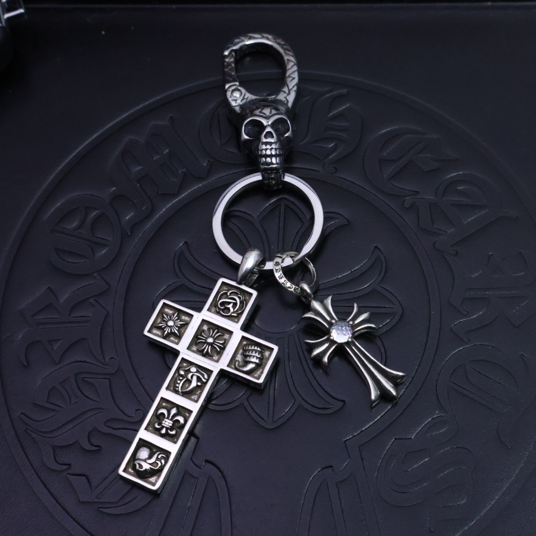 Chrome Hearts 925 Silver Skull - Clasp Dual Cross Keychain (Segmented Cross & Crystal - Inlaid Cross)