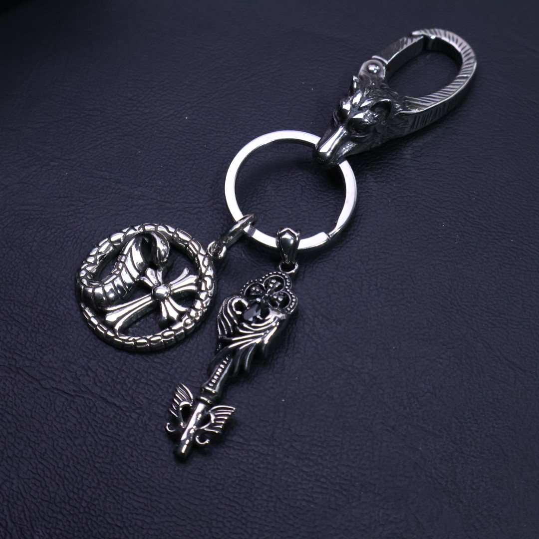 Chrome Hearts 925 Silver Wolf - Clasp Snake Cross & Key Charm Keychain