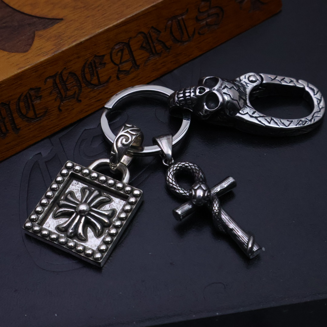 Chrome Hearts 925 Silver Skull - Clasp Double Cross Keychain