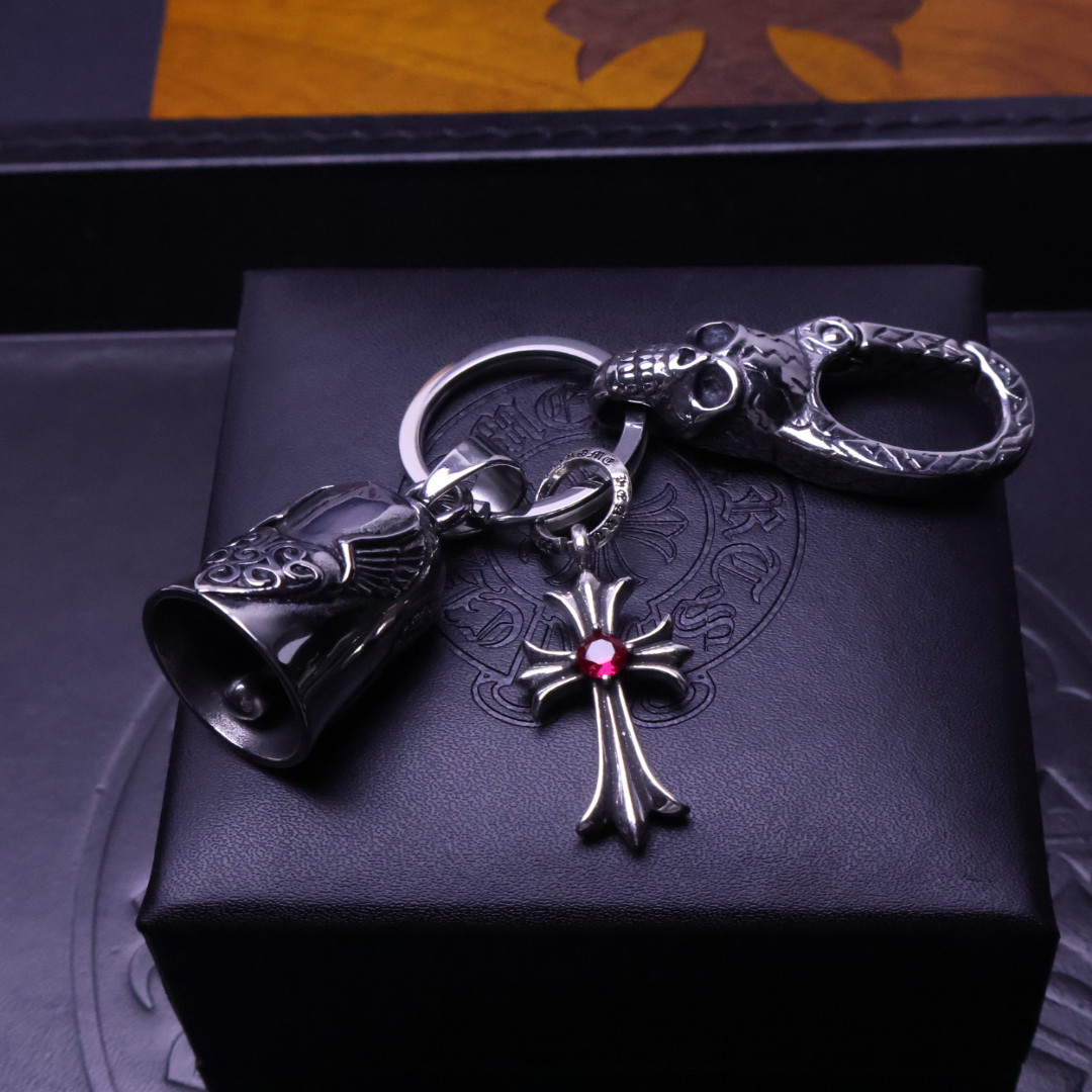 Chrome Hearts 925 Silver Skull - Clasp Cross & Bell Keychain