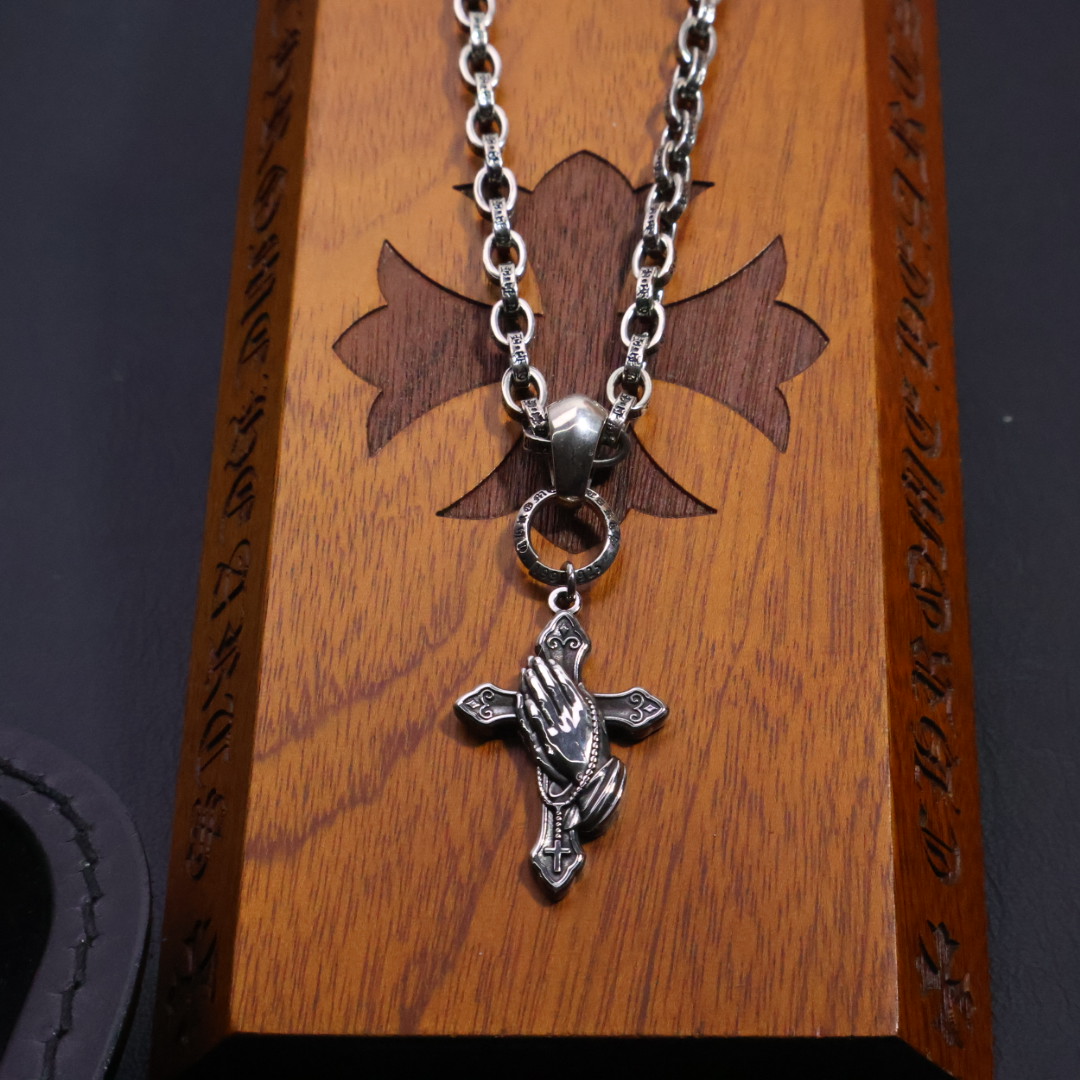 Chrome Hearts 925 Silver Praying Hands Cross Pendant Necklace