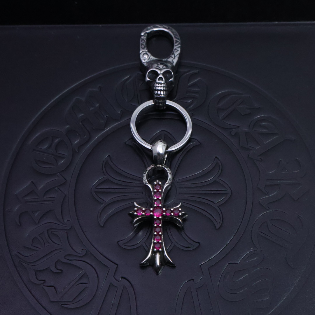 Chrome Hearts 925 Silver Skull & Ruby - Inlaid Cross Keychain