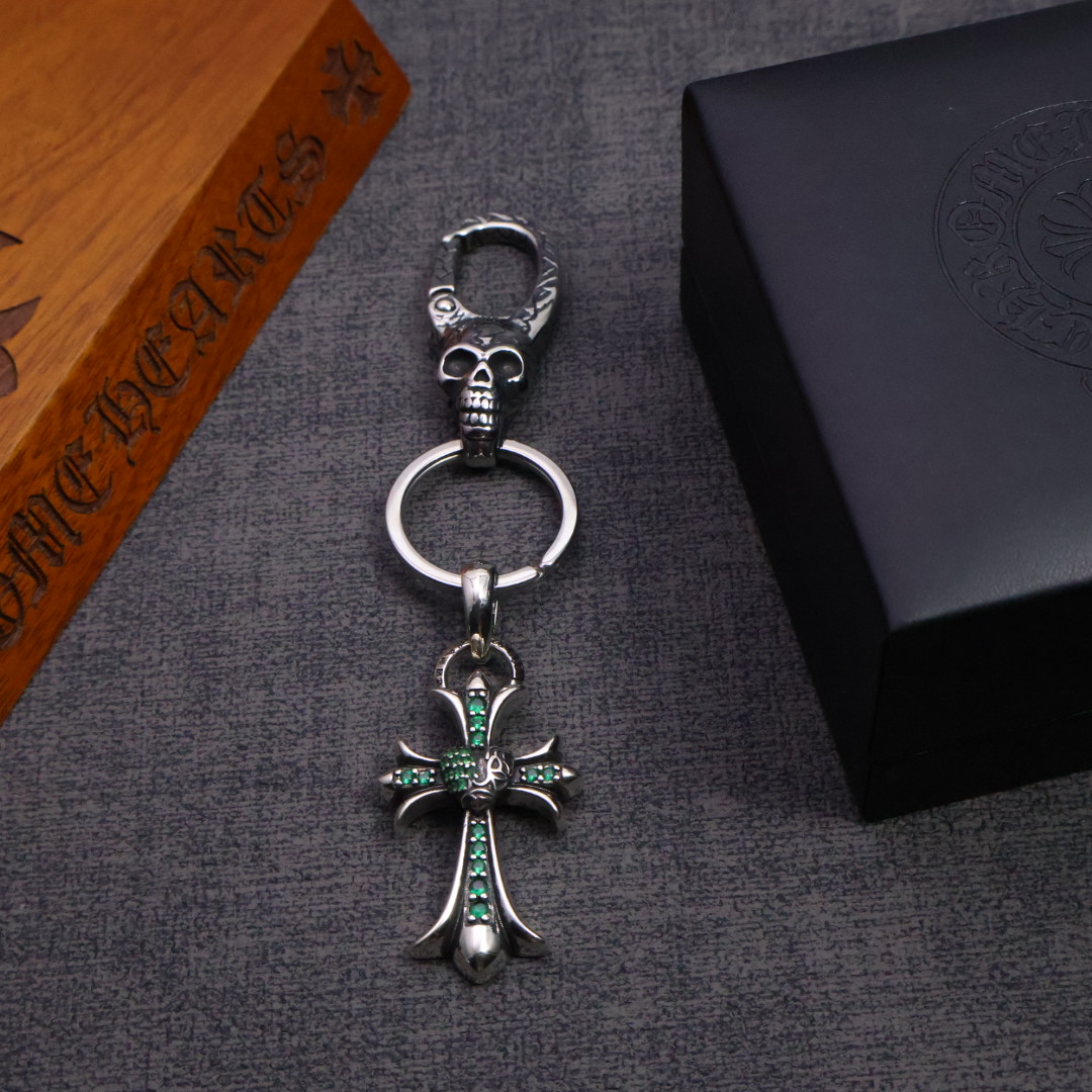 Chrome Hearts 925 Silver Skull & Green - Stone Cross Keychain