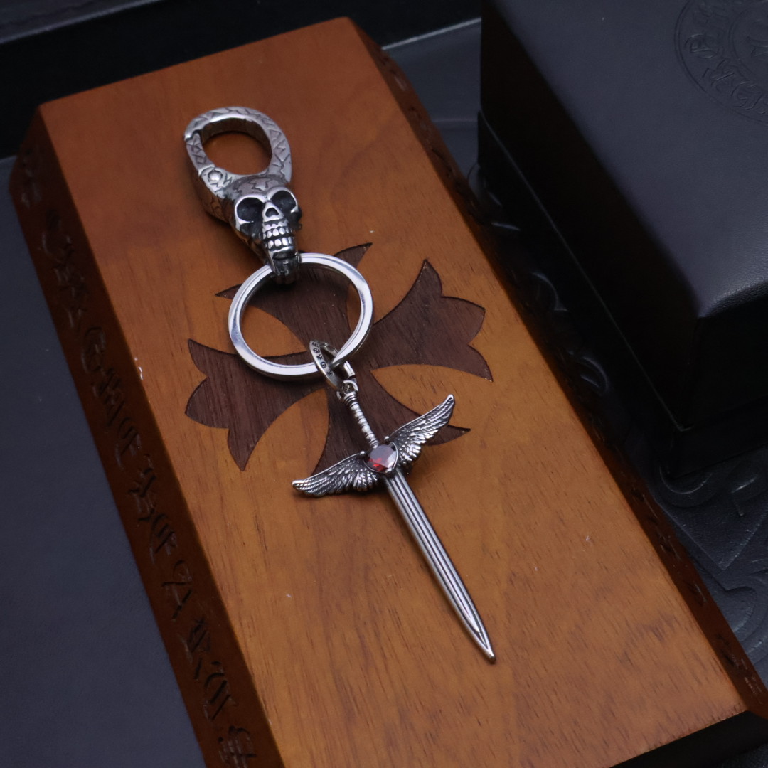 Chrome Hearts 925 Silver Skull & Winged Sword Keychain