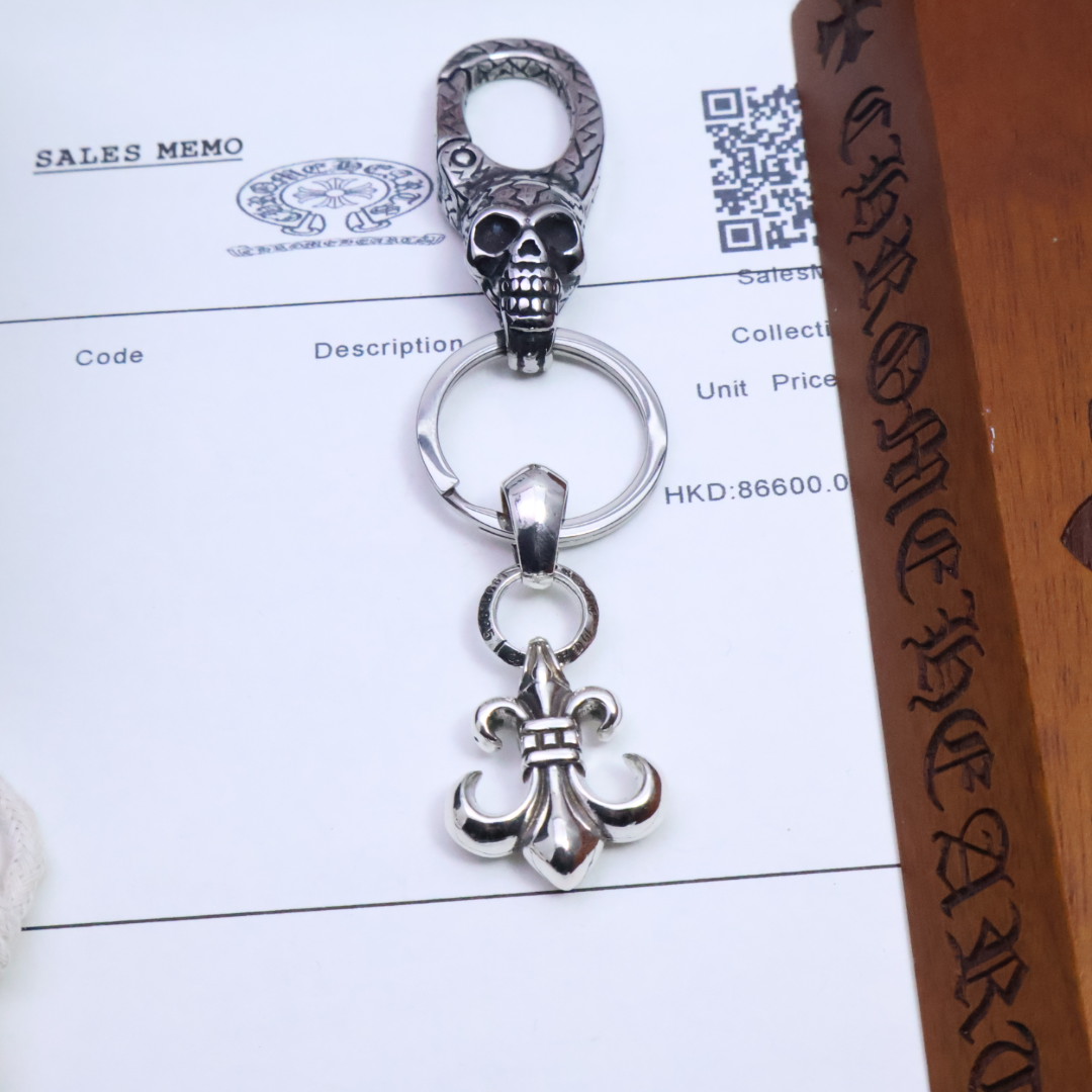 Chrome Hearts 925 Silver Skull & Fleur - de - Lis Keychain