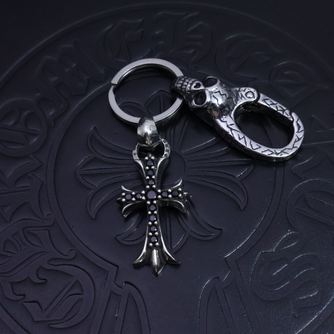 Chrome Hearts 925 Silver Skull & Black Stone - Inlaid Cross Keychain