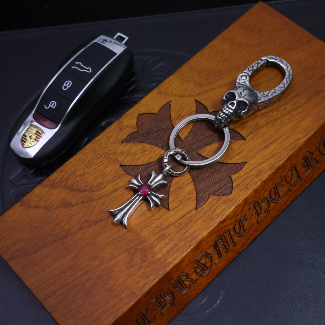 Chrome Hearts 925 Silver Skull & Ruby - Inlaid Cross Keychain
