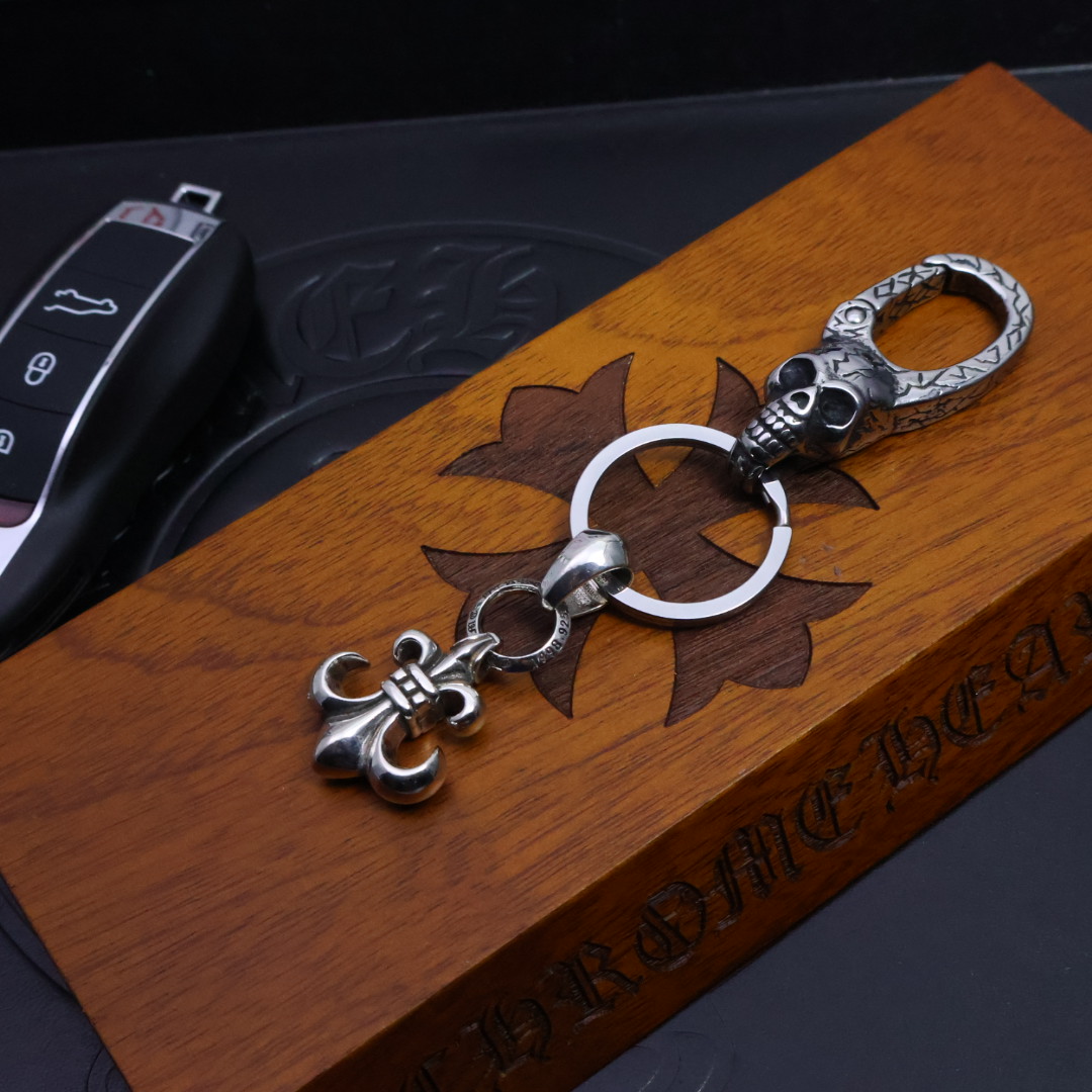 Chrome Hearts 925 Silver Skull & Fleur - de - Lis Keychain