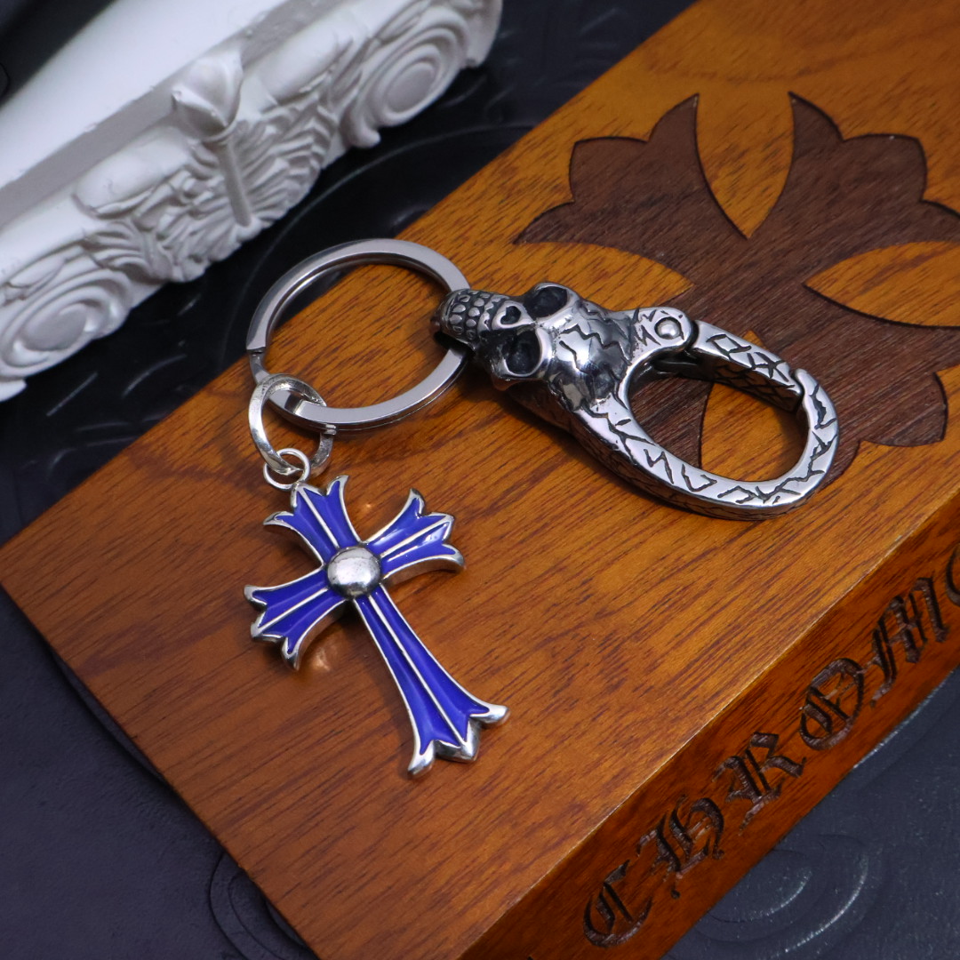 Chrome Hearts - Inspired 925 Silver Skull & Enamel Cross Keychain