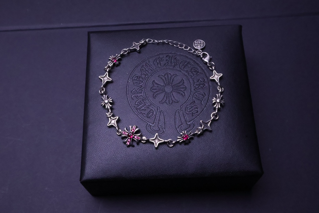 Chrome Hearts 925S Silver Star & Cross Bracelet with Red Stones CH - SSCRB432