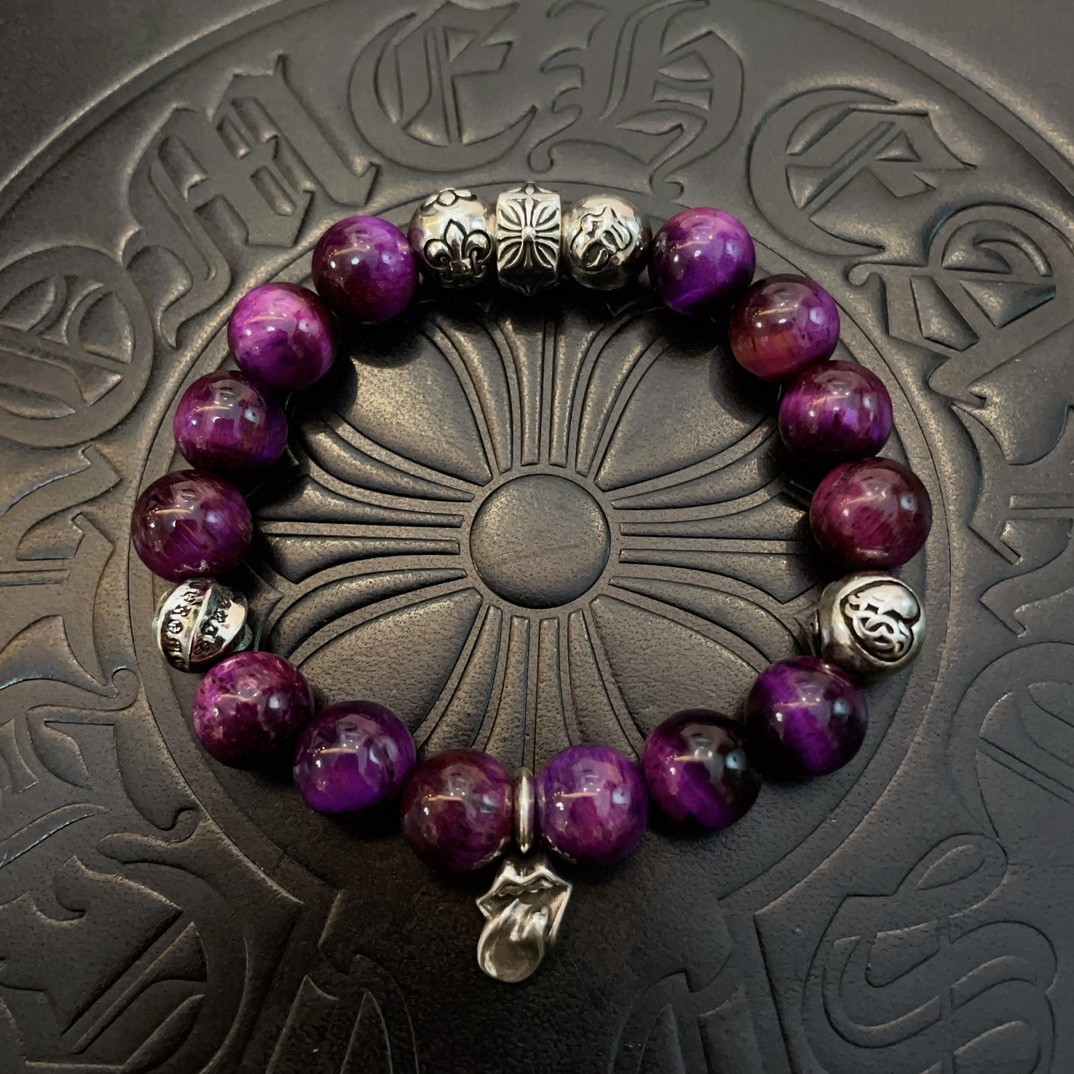 Chrome Hearts 925S Silver - Accented Purple Tiger's Eye Bead Bracelet CH - SAPTEB423