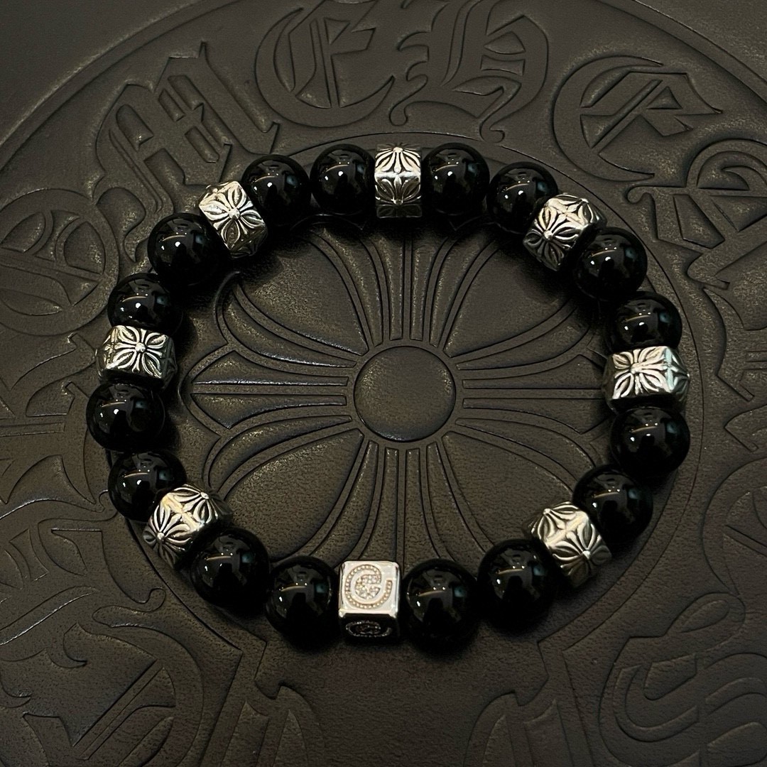 Chrome Hearts 925S Silver - Accented Black Bead Bracelet CH - SABBB417