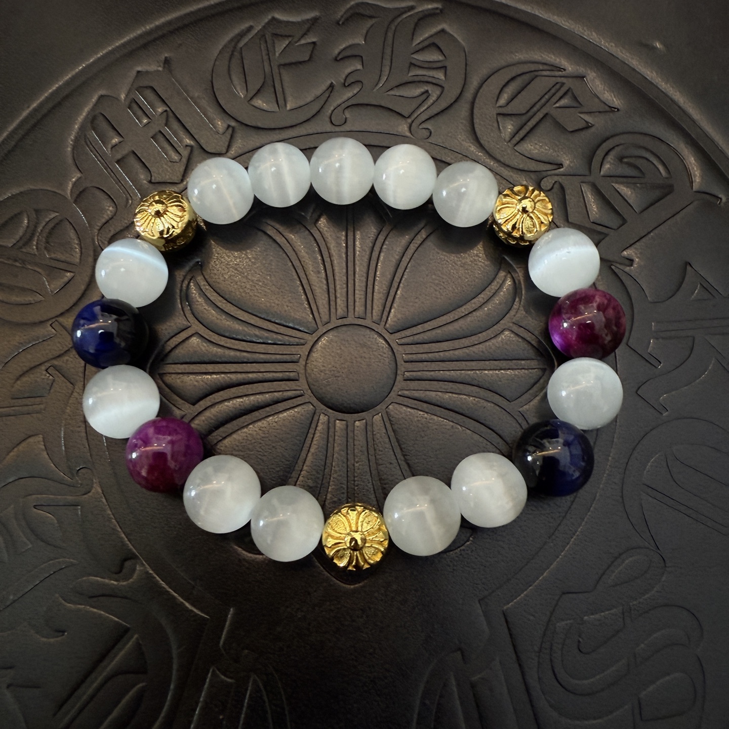 Chrome Hearts - Style Gemstone Bead Bracelet with Gold - Tone Accents
