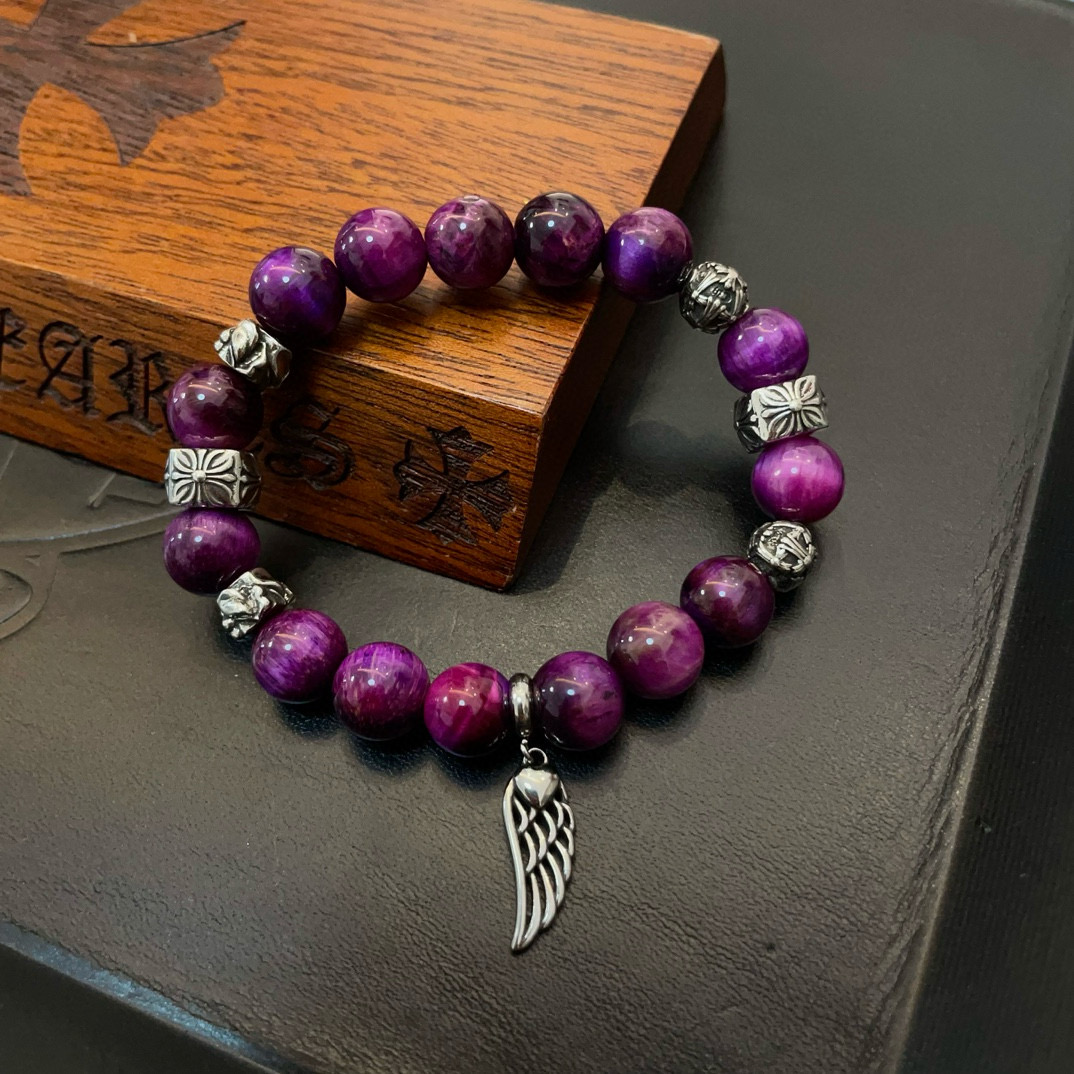 Chrome Hearts - Style 925S Silver - Accented Purple Tiger's Eye Bead Bracelet with Wing Charm