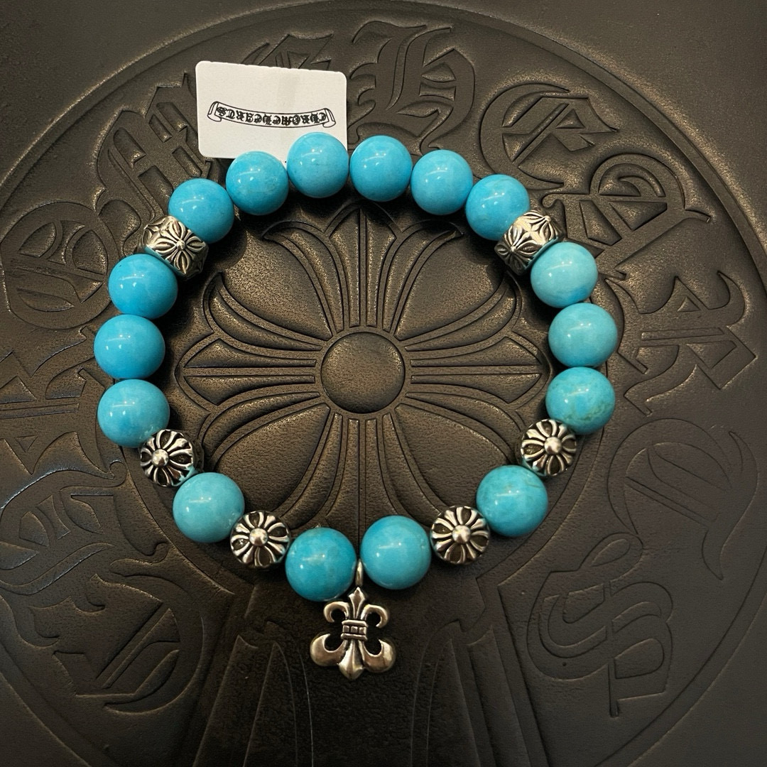 Chrome Hearts 925S Silver - Accented Turquoise Bead Bracelet with Fleur - de - Lis Charm CH - SATBF390