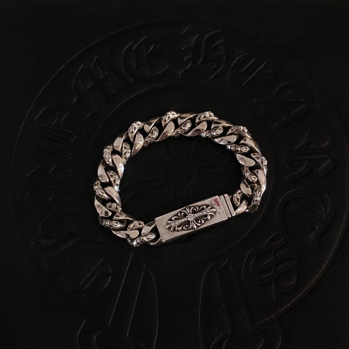 Chrome Hearts 925S Silver Cuban Link & Cross - Engraved Bracelet CH - SCCLB375