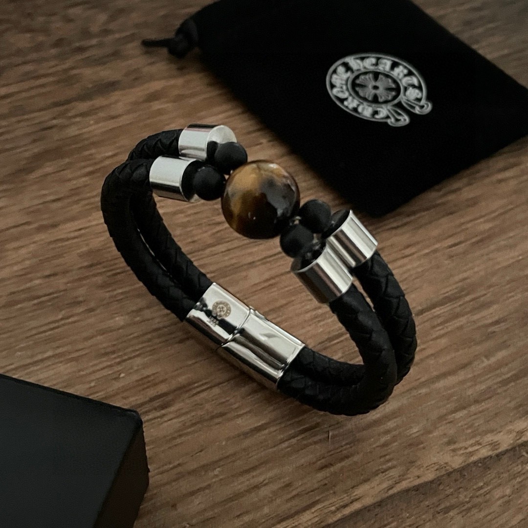 Chrome Hearts 925S Silver - Accented Tiger's Eye Leather Bracelet CH - SATELB366