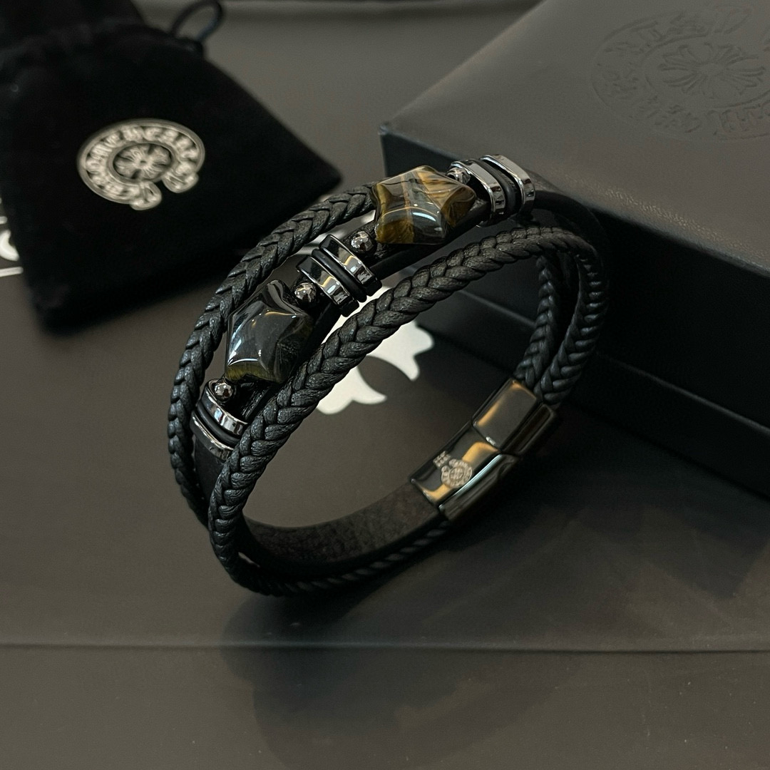 Chrome Hearts 925S Silver - Accented Gemstone & Braided Leather Bracelet CH - SAGBLB364