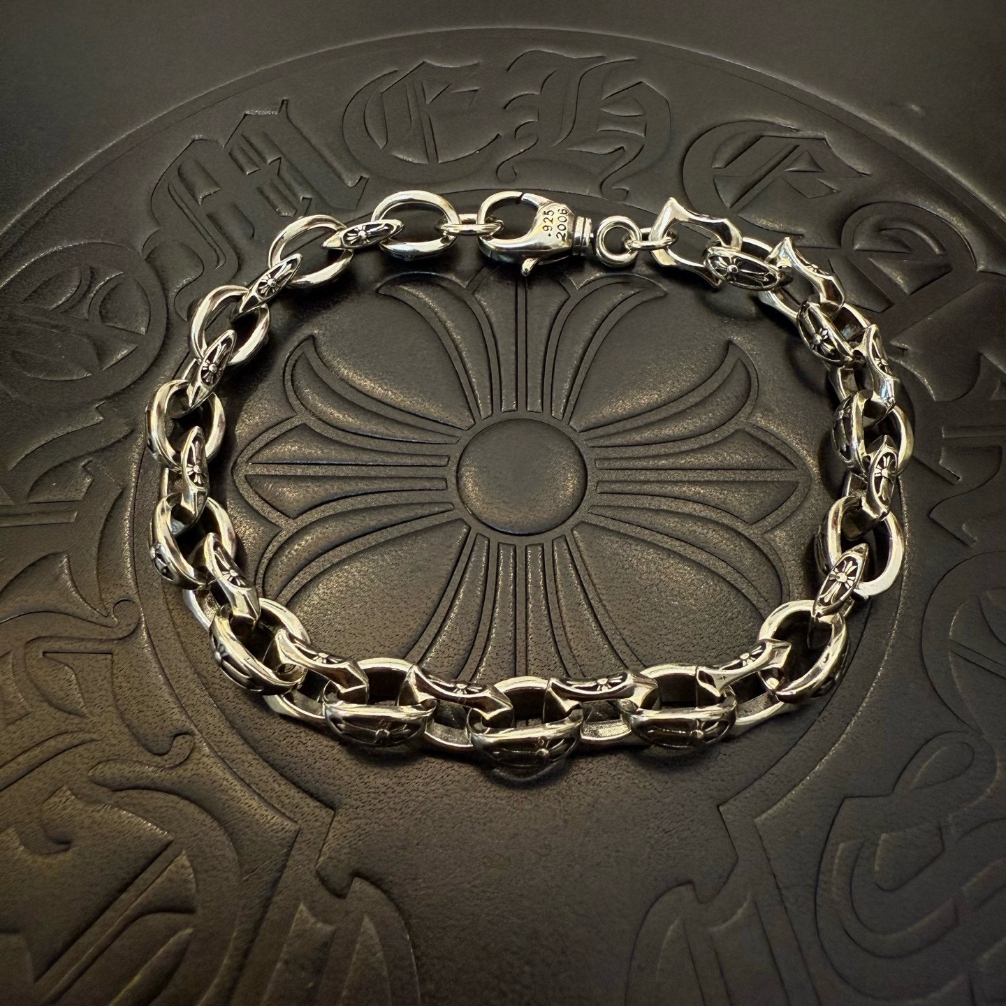 Chrome Hearts 925S Silver Cross - Engraved Link Bracelet CH - SCELB362