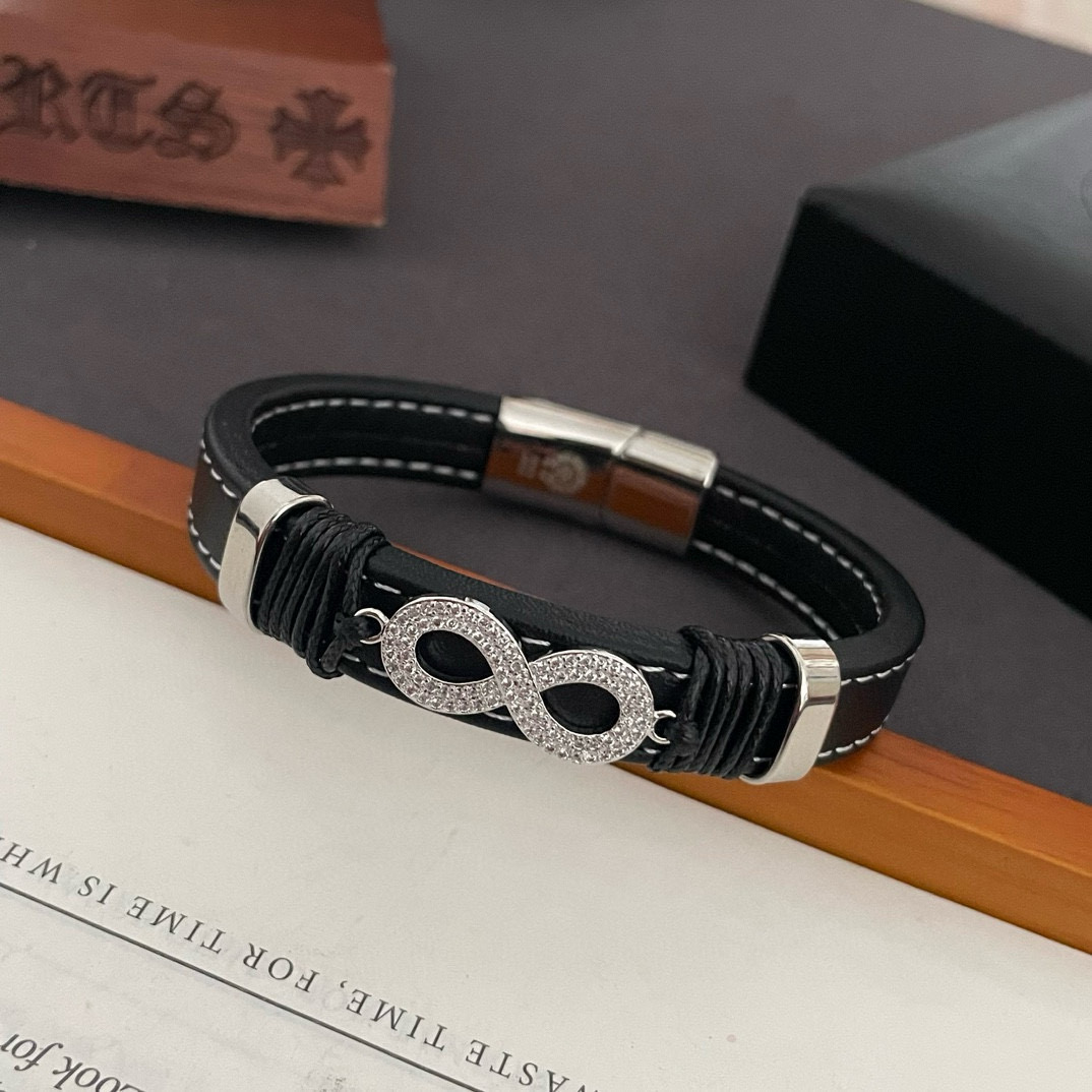 Chrome Hearts - Inspired 925S Silver Infinity Diamond - Accent Leather Bracelet