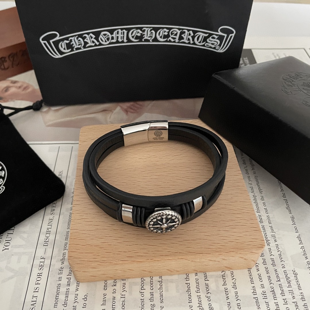Chrome Hearts 925S Silver - Accented Leather Bracelet CH - SALB355
