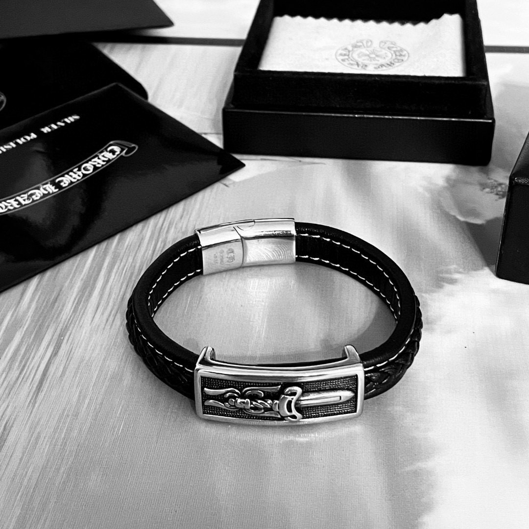 Chrome Hearts 925S Silver & Leather Sword - Motif Bracelet CH - SLSB332