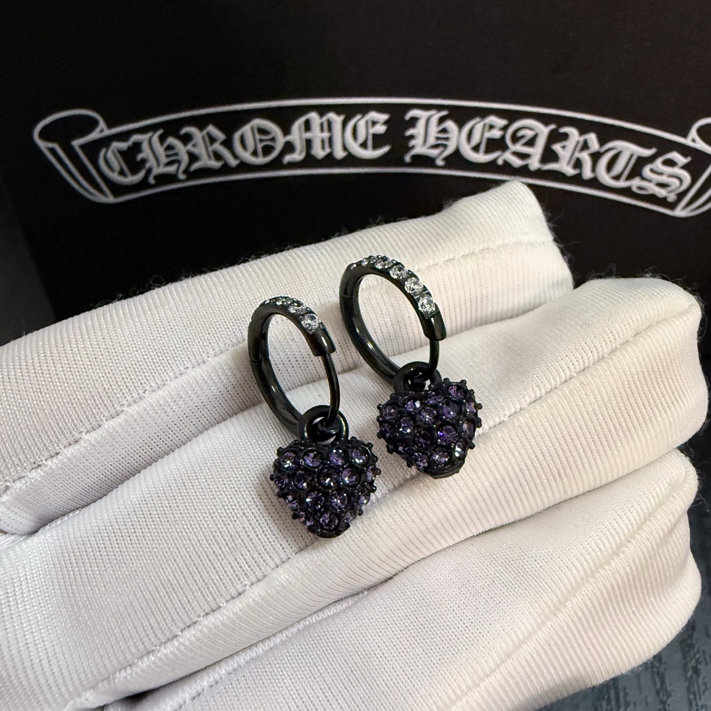 Chrome Hearts Black - Tone Heart - Shaped Drop Earrings with Purple Crystals CH - BTHDEPC320