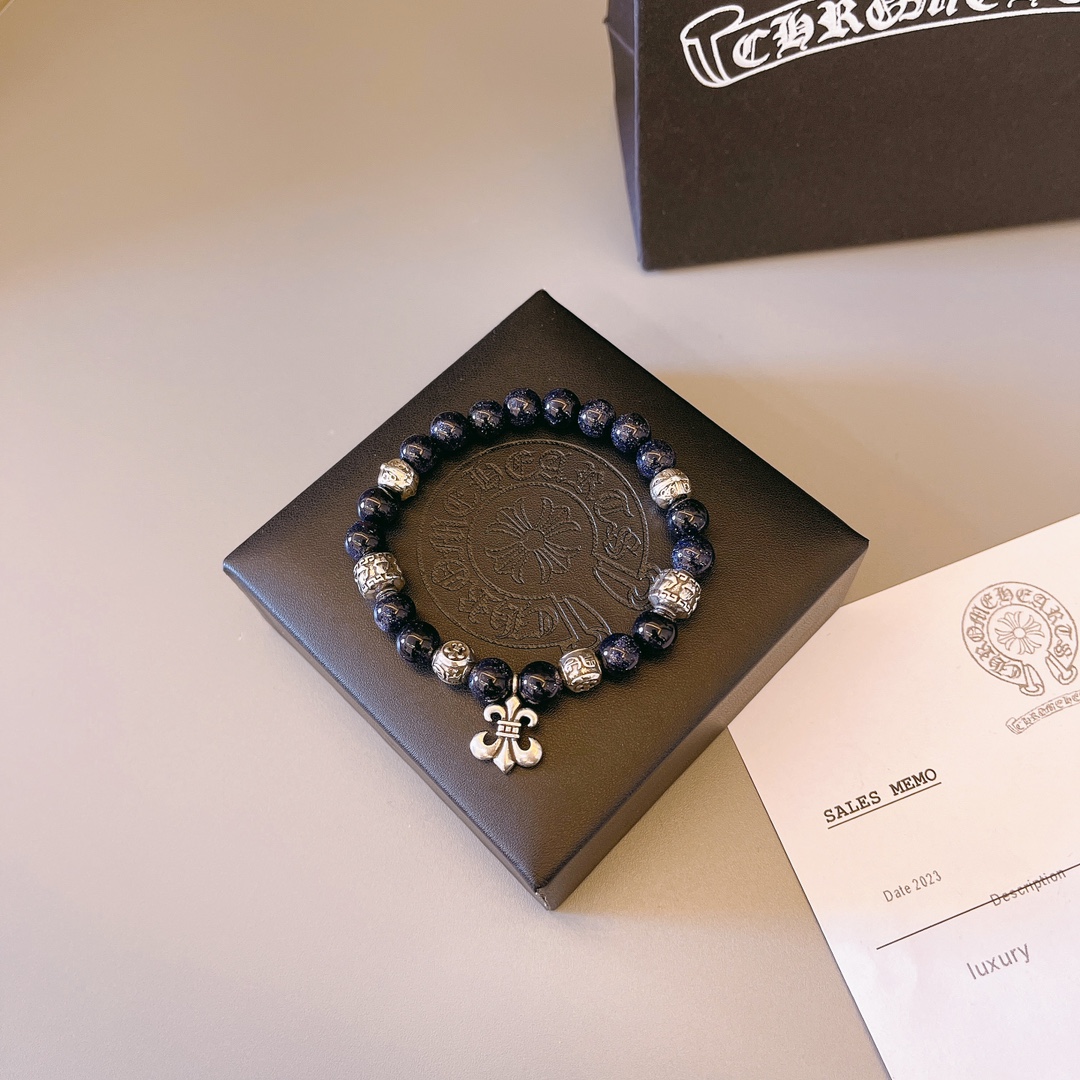 Chrome Hearts Blue Goldstone Beaded Bracelet with Fleur - de - Lis & Metal Accents CH - BGBFA307