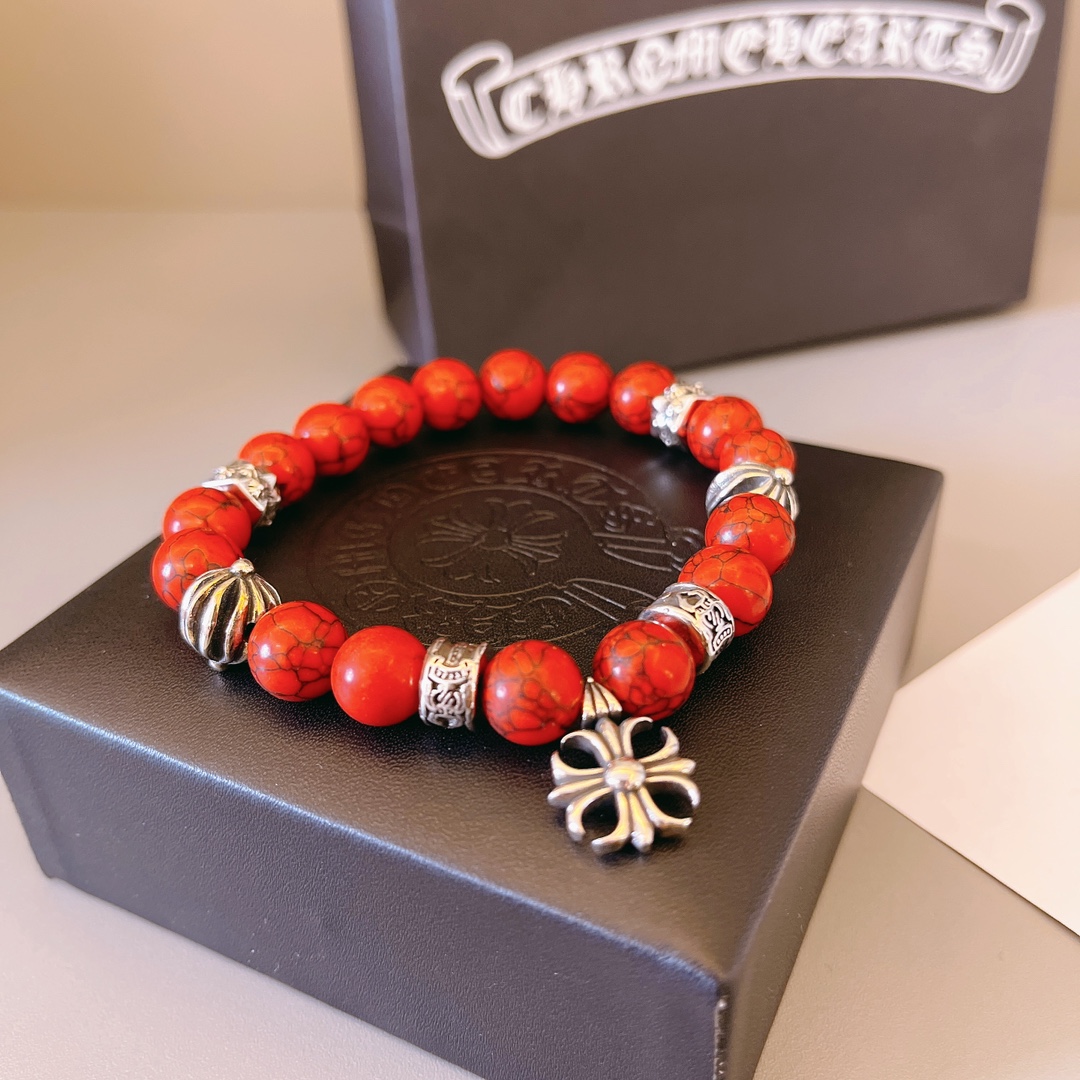 Chrome Hearts Red Turquoise Beaded Bracelet with Cross & Metal Accents CH - RTBMA306