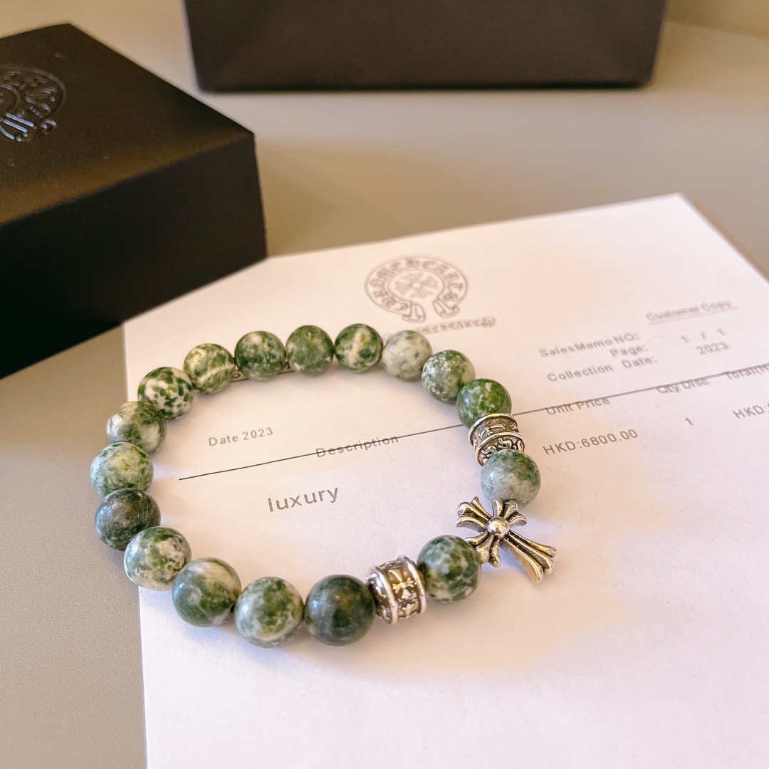Chrome Hearts Green Moss Agate Beaded Bracelet with Cross & Metal Accents CH - GMBMA304