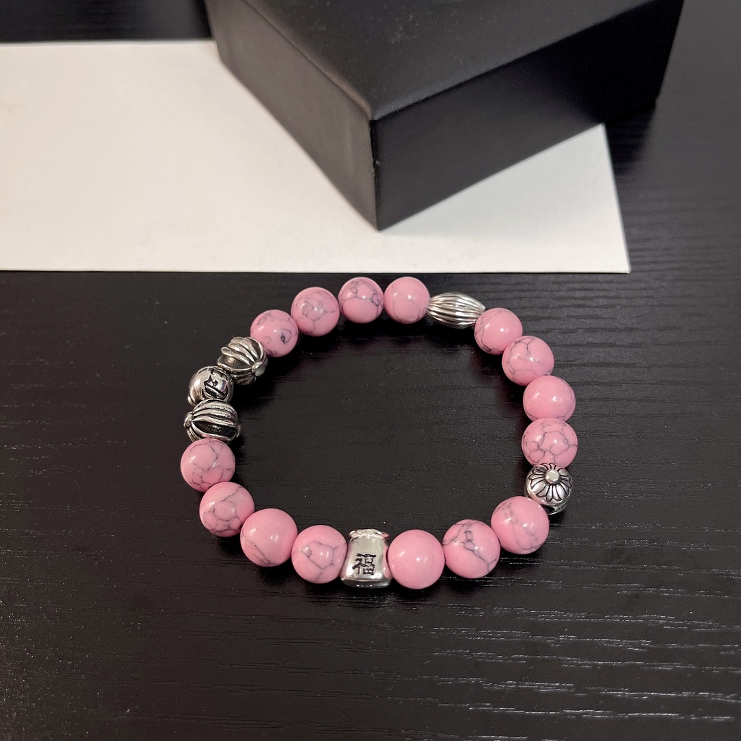 Chrome Hearts Pink Gemstone Beaded Bracelet with Metal Accents CH - PGBMA285