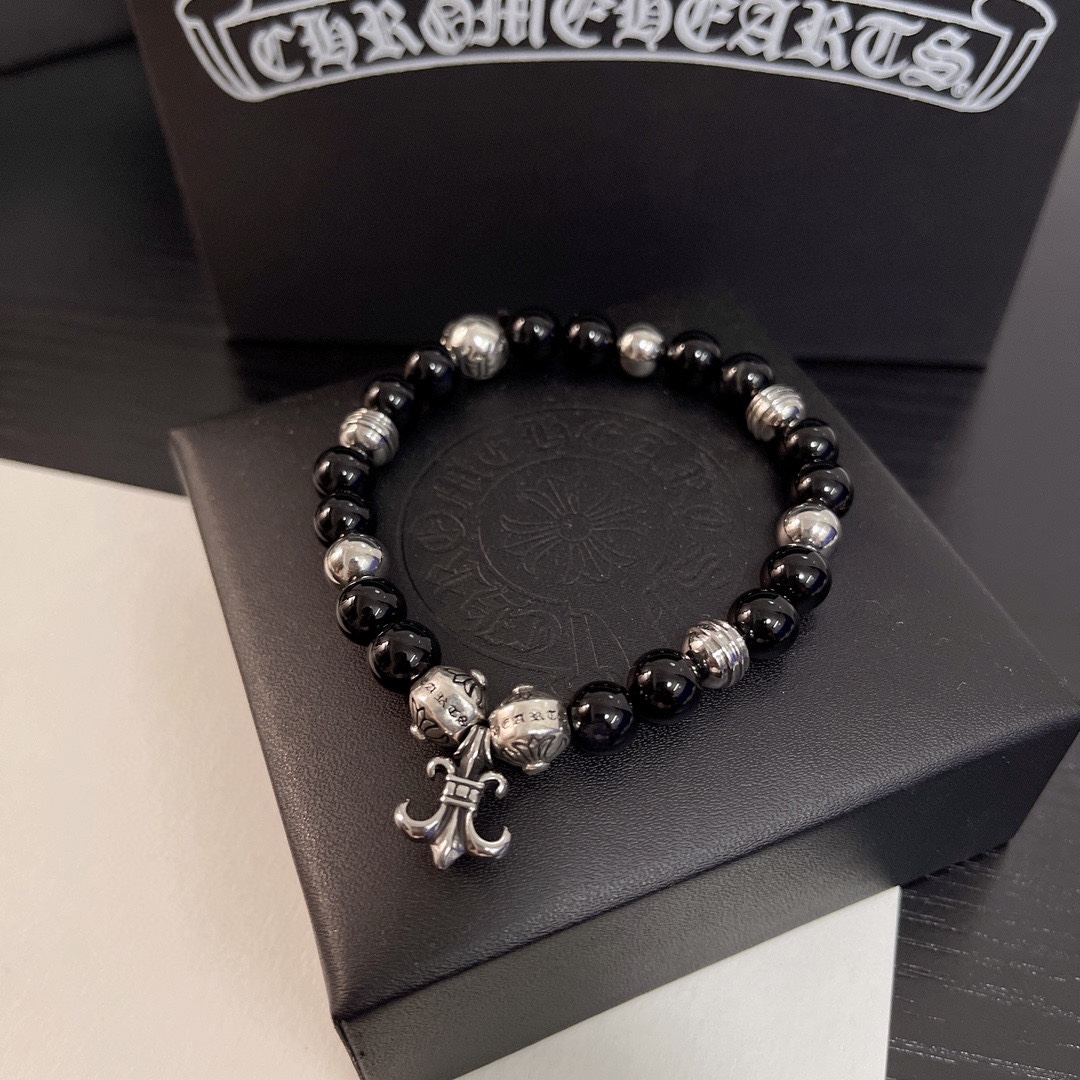 Chrome Hearts Black Onyx Beaded Bracelet with Fleur - de - Lis Charm CH - BOBFC284