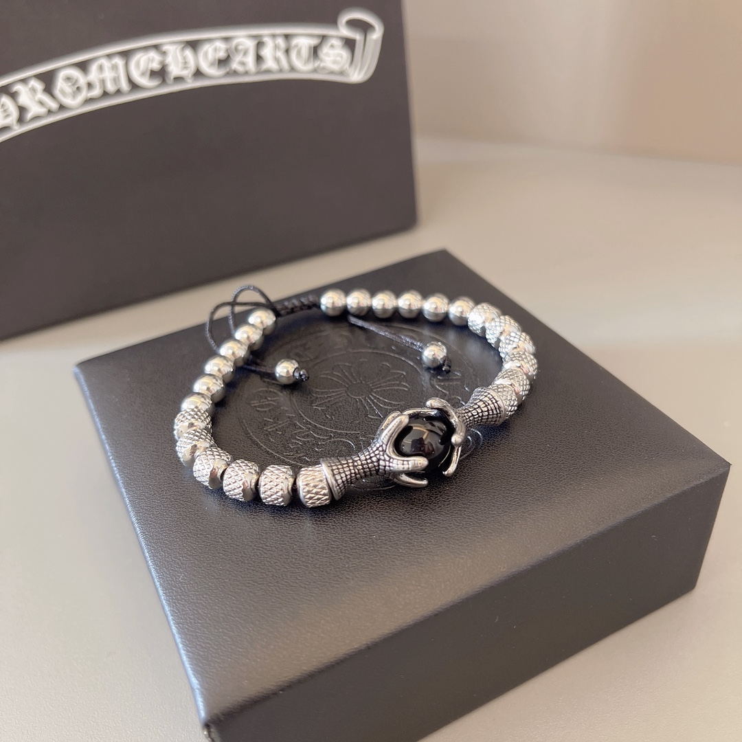 Chrome Hearts Beaded Bracelet with Metal Accent - Silver - Tone & Cord CH - BBMA269