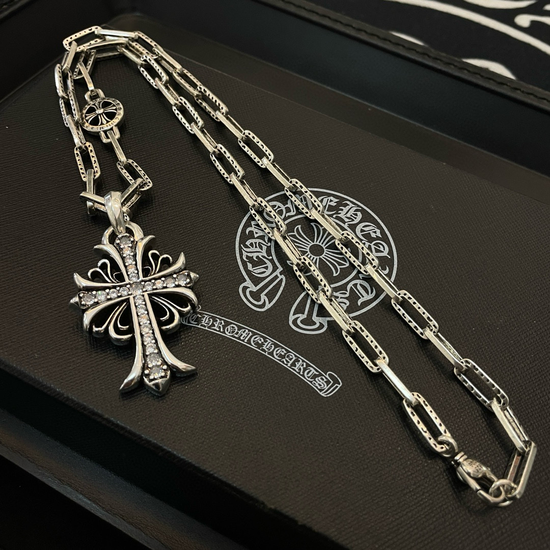 Chrome Hearts Diamond - Inlaid Cross Pendant Necklace - Engraved Silver - Tone Chain CH - DICPCN261