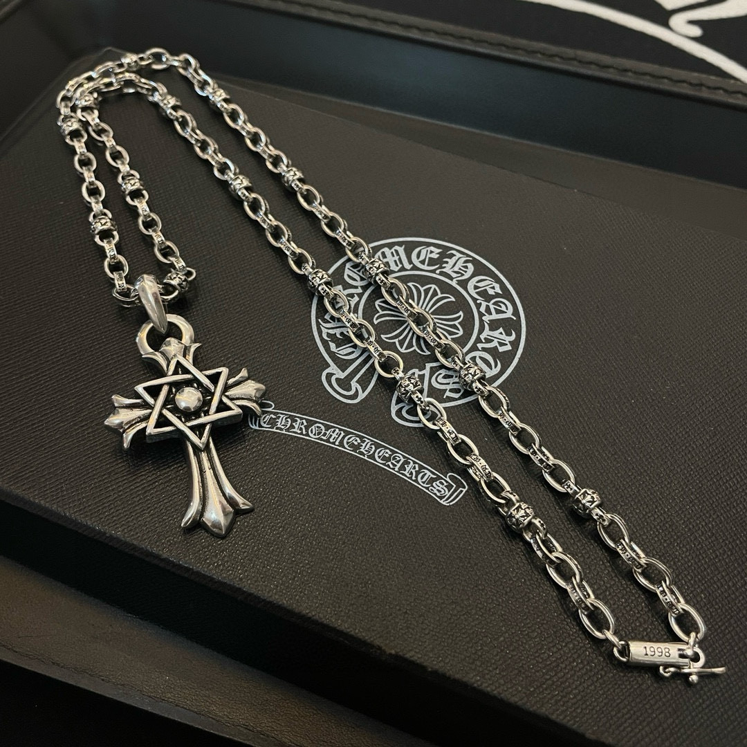 Chrome Hearts Star - Cross Pendant Necklace - Engraved Silver - Tone Chain CH - SCPN260