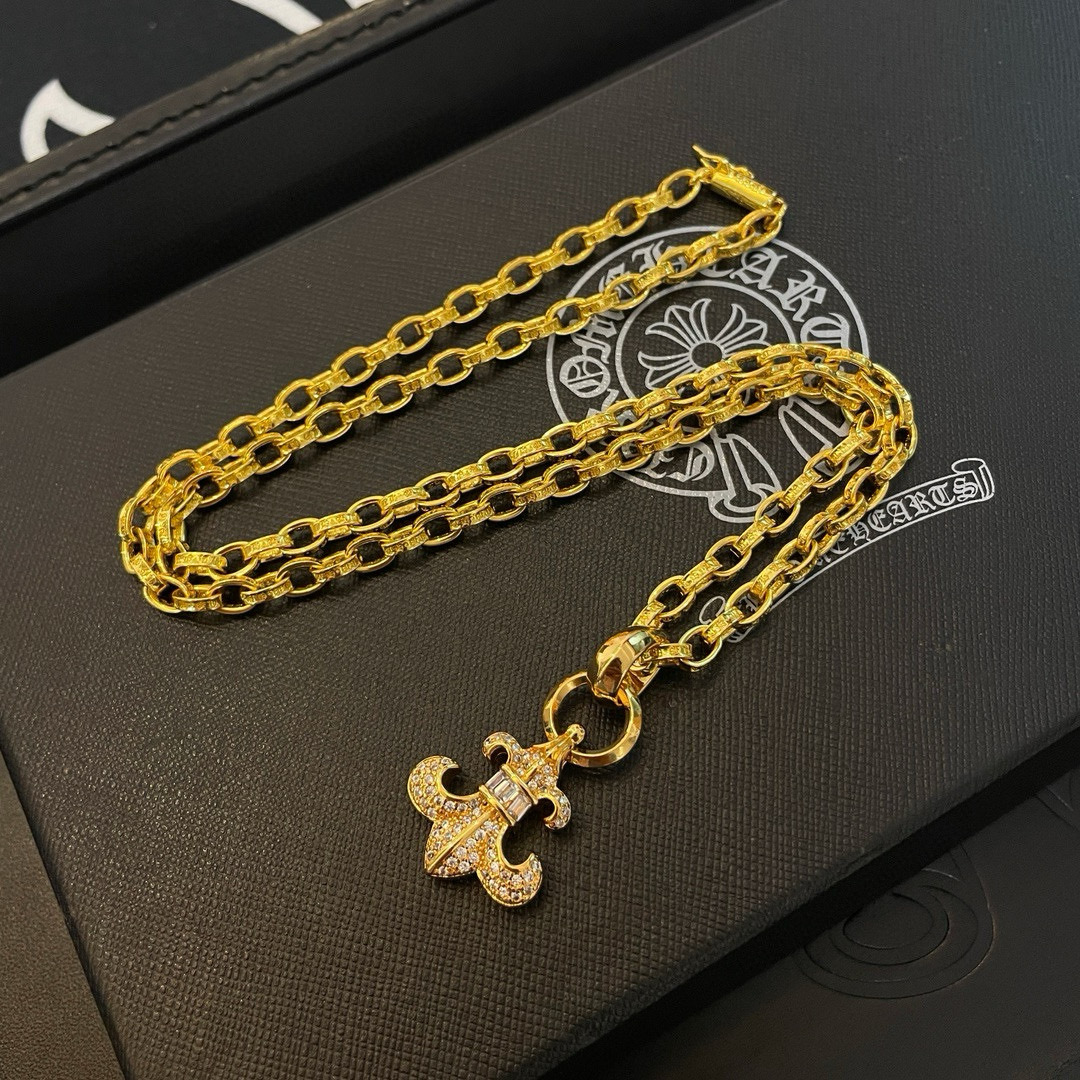 Chrome Hearts Diamond - Inlaid Fleur - de - Lis Pendant Necklace - Gold - Tone Chain CH - DIFPN259
