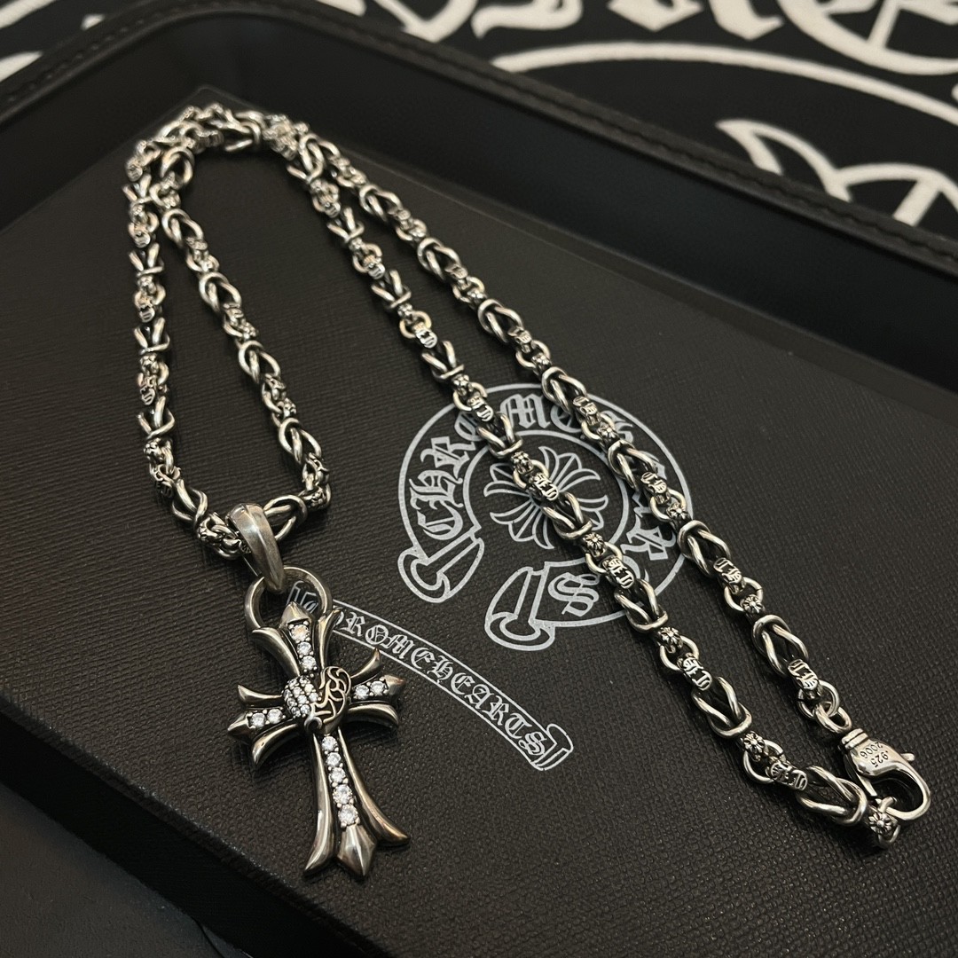 Chrome Hearts Diamond - Inlaid Cross Pendant Necklace - Engraved Chain CH - DICPCN258