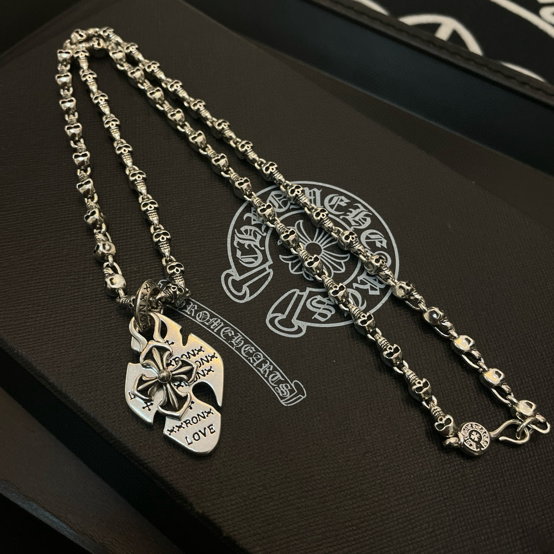 Chrome Hearts Skull - Chain & Engraved Shield Pendant Necklace CH - SCESPN255