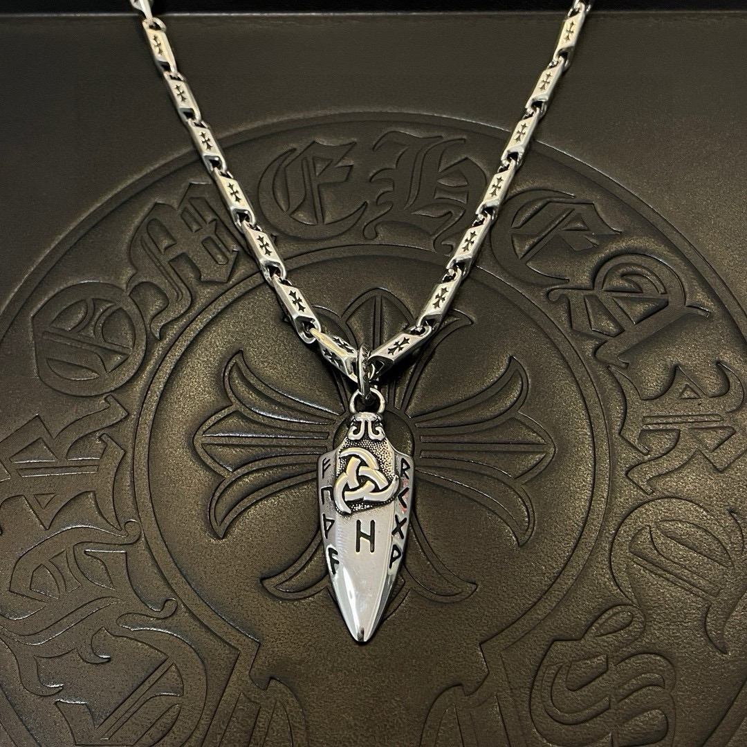 Chrome Hearts Engraved Blade - Shaped Pendant Necklace - Silver - Tone Chain CH - EBSPN252