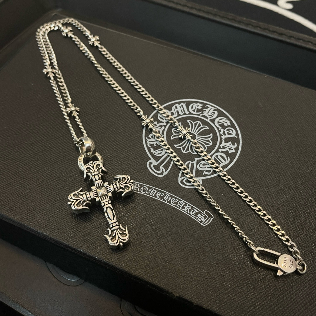 Chrome Hearts Ornate Cross Pendant Necklace - Star - Accented Silver - Tone Chain CH - OCPNSAC241