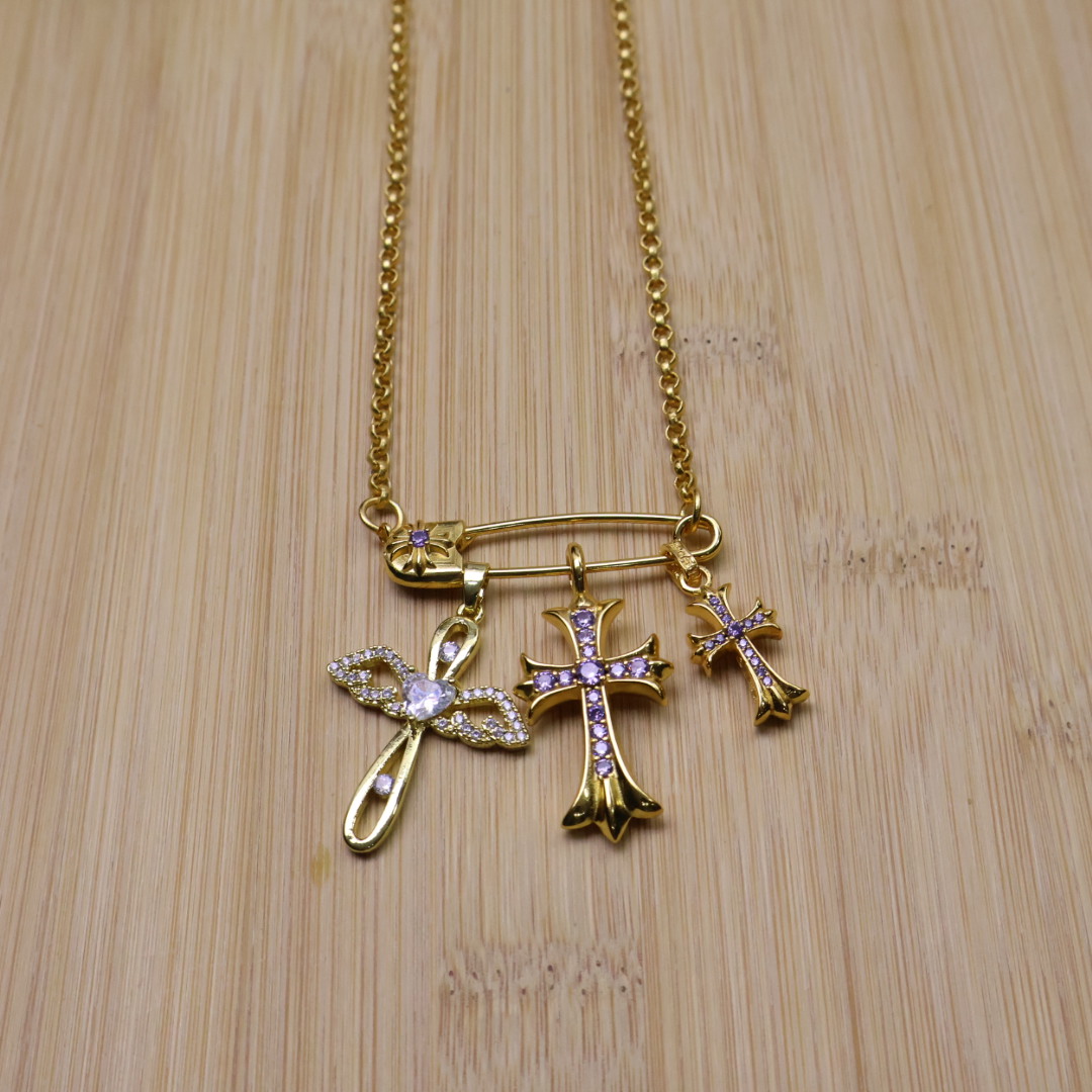 Chrome Hearts Safety Pin - Style Multi - Cross Gem - Embellished Gold - Tone Necklace CH - SPMCGGTN232