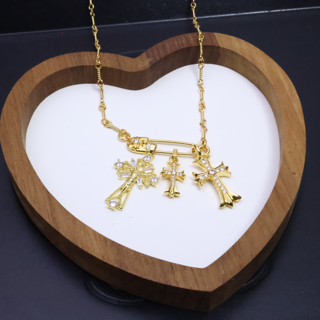 Chrome Hearts Safety Pin - Style Multi - Cross Diamond - Embellished Gold - Tone Necklace CH - SPMCDGTN230