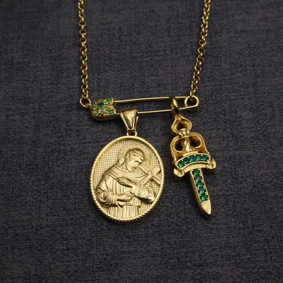Chrome Hearts Safety Pin - Style Saint & Sword Charm Gold - Tone Necklace CH - SSSCGTN229