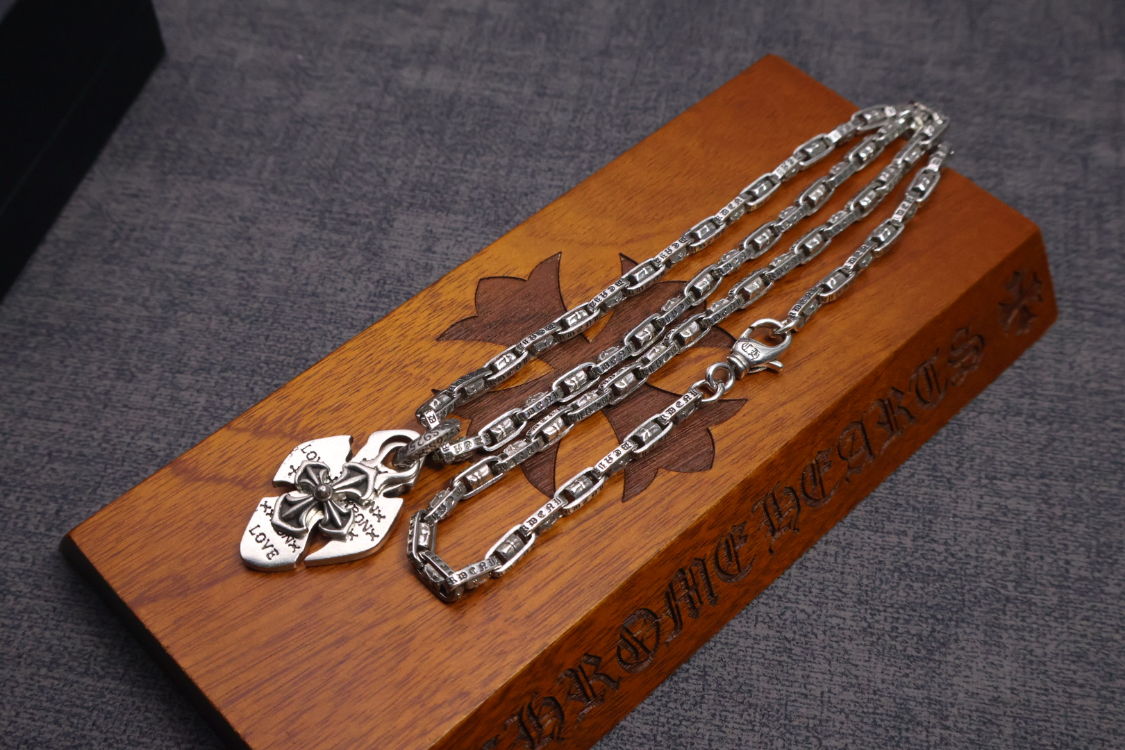 Chrome Hearts Engraved Cross & Shield Pendant Necklace - 925S Silver Chain CH - ECSPN226