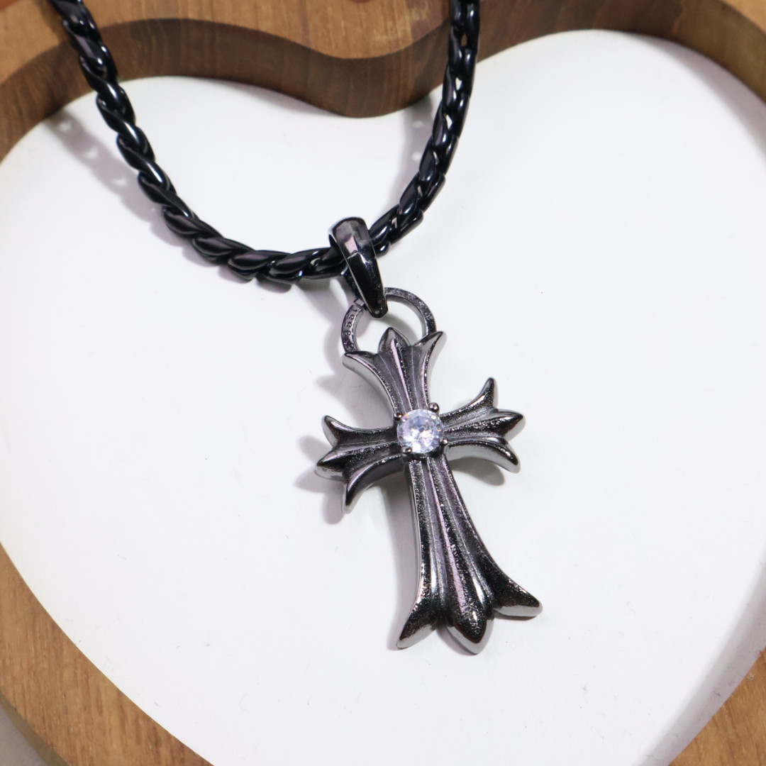 Chrome Hearts Solitaire Crystal Cross Pendant Necklace - Black - Tone Chain CH - SCCPN225