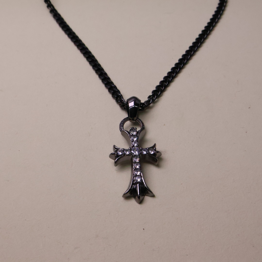 Chrome Hearts Crystal - Embellished Cross Pendant Necklace - Black - Tone Chain CH - CECPN224