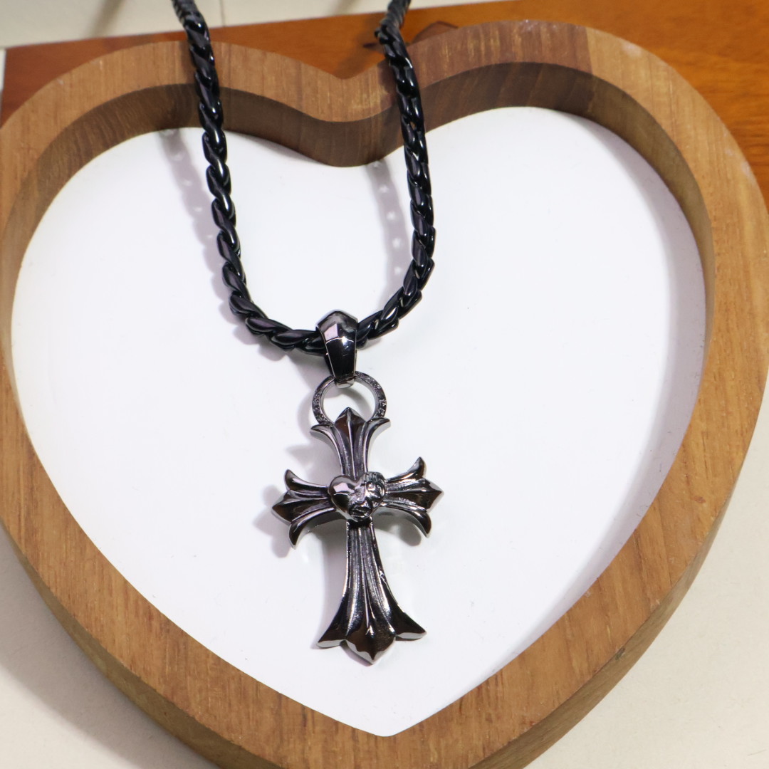 Chrome Hearts Ornate Cross Pendant Necklace - Black - Tone Braided Chain CH - OCPN223