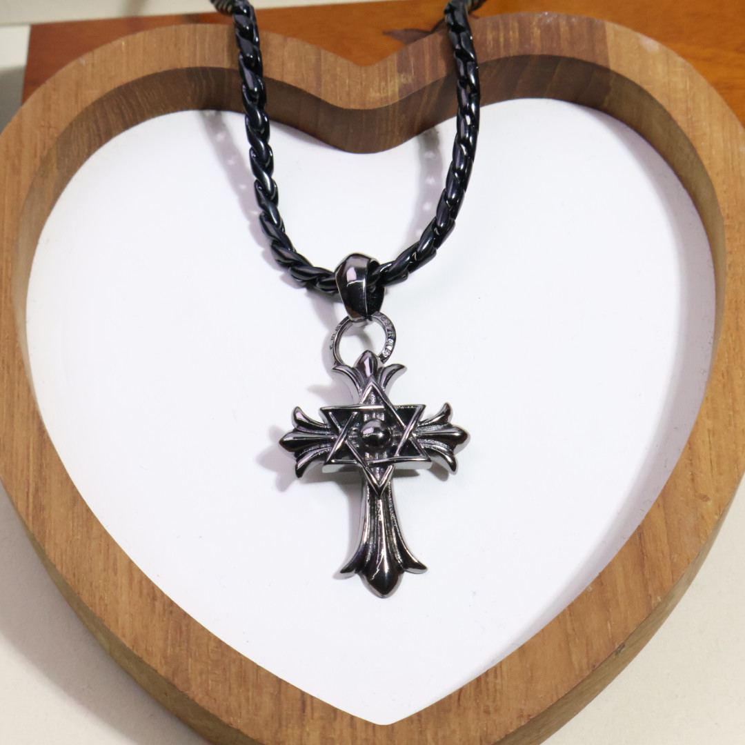 Chrome Hearts Star of David & Cross Pendant Necklace - Black - Tone Chain CH - SDC PN222